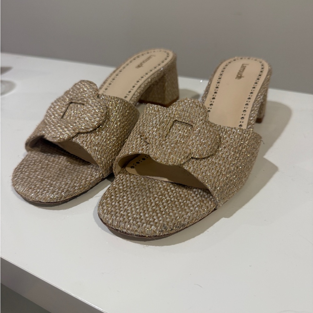 Larroudé Gold Neutral Woven Block Heel Slide Sandals Flower Motif